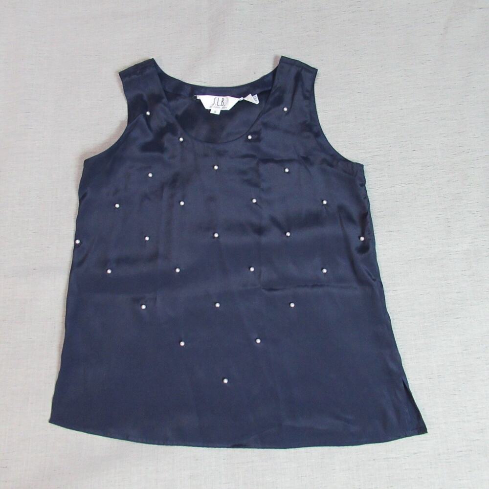 SLB Sunny Leigh Top Women S Blue Sleeveless Blouse Pearl Beaded Preppy Rich Girl